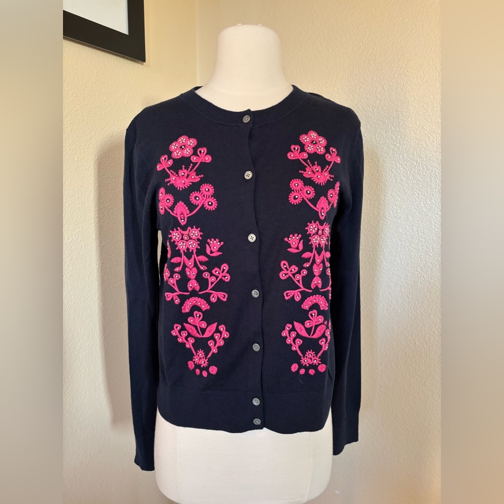 J. Crew Navy Cardigan with Pink and Pearl Floral Embroidery. Size Medium